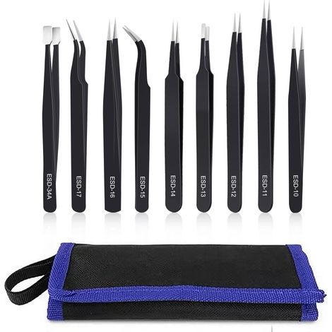 Jeu de 9 pinces de précision en acier inoxydable antistatique renforcé, pour électronique, soudure, laboratoire, création de bijoux, maquettes et bricolage. (1/5)