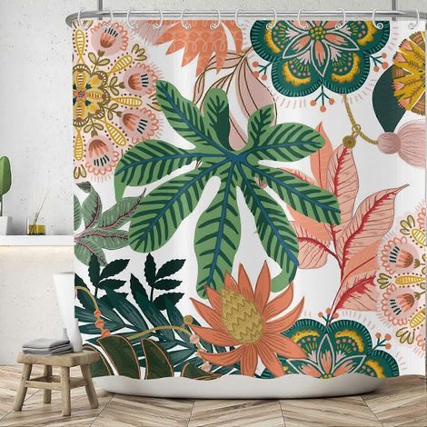 Rideau de douche bohème fleuri 180x180 cm, motif abstrait de plantes tropicales vertes et de fleurs roses, rideau de douche en tissu lavable avec 12 crochets (1/5)