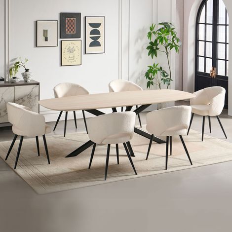 Ensemble table 240cm effet travertin + 6 chaises tissu bouclette blanc (1/5)