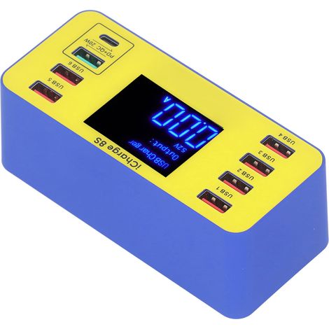 8-Port-USB-Ladegerät mit Digitalanzeige, EU-Stecker, 100-240 V, QC3.0- und PD-kompatibel, multifunktionales Schnellladen für mehrere Geräte. (1/5)