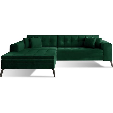Canapé convertible capitonné angle gauche velours vert impérial et pieds métal noir Lazor 295cm (1/5)