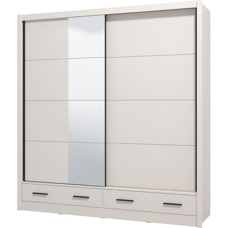 Guardarropa 2 Puertas Copala, Armario Dormitorio 4 Estantes, Colgador, 2 Cajones, 205x216h cm Blanco Crema