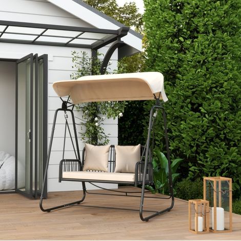 Garten-Hängeschaukel aus Stahl in Khaki, 2-Sitzer mit verstellbarem Sonnendach, Kissen, 149 x 121 x 180 cm (1/5)