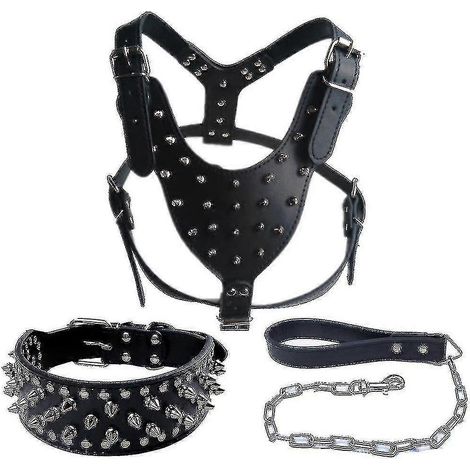 Ensemble collier, harnais et laisse en cuir clouté pour chien pitbull, mastiff et autres animaux de compagnie (1/2)
