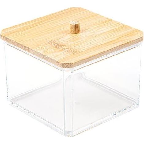 1 Boîte De Rangement - Coton Tige - Cosmétique - Organisateur Avec Couvercle En Bois Pour Salle De Bain Et Chambre - Transparent - 12x8x15cm (1/5)