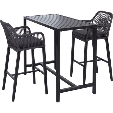 [JAMAIS UTILISÉ] Ensemble table de bar + 2 tabourets de bar HHG-294, chaise de bar, table haute, coussin d'assise d'extérieur, tressage en corde, métal, anthracite (1/5)