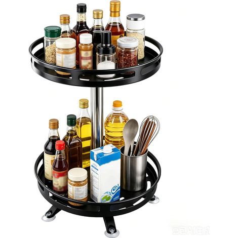 Lazy Susan Organiseur de plateau tournant à 2 étages rond en acier au carbone Noir Organiseur d'épices et de parfum pour cuisine, armoire, coiffeuse et salle de bain (1/5)