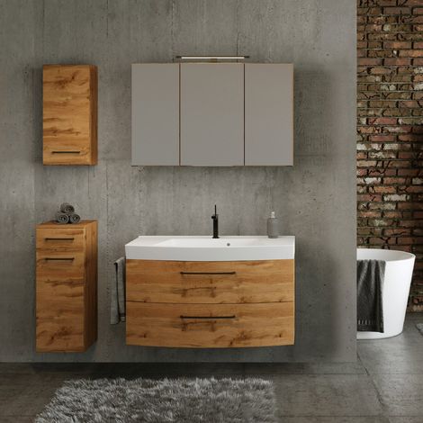 Badezimmer Waschtisch Set mit Spiegelschrank in Wotan Eiche inkl. Waschbecken, B/H/T: ca. 160/200/50 cm (1/5)
