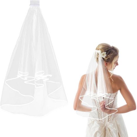 Voile de mariée court avec peigne, voile de mariée en tulle à 2 couches, longueur coude, bordé d'un ruban, 60-80 cm / 23-31 pouces (1/5)