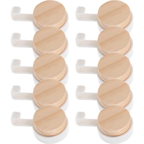 Lot de 10 crochets muraux auto adhésifs en bois blanc (1/5)