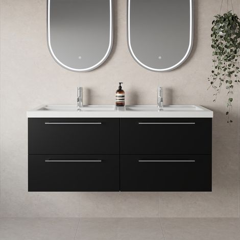 Napoli 390 Matt Black 1200mm Wall Mounted 4 Drawer Vanity Unit with Double Lucia Basins - 1200mm - Chrome 320mm Handle