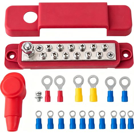 Bloc de distribution à 12 bornes, barre omnibus d'alimentation marine 180 A avec 16 cosses à anneau pour voitures, camping-cars et yachts (rouge) (1/5)