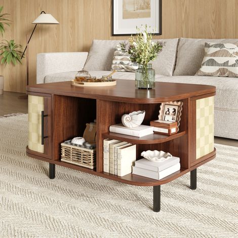 Comanlai - Table Basse de Salon 80x60 cm avec Rangement, Table d'Appoint aux Bords Arrondis Façade Effet Tressé, Niches Ouvertes et Placards Latéraux, Pieds Métal Noir Noyer (1/5)