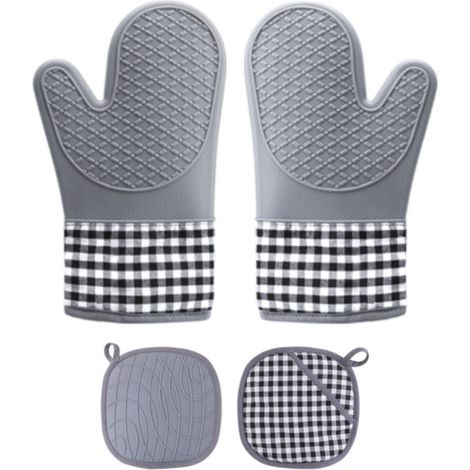 Guanti da forno, guanti da cucina in silicone antiscivolo e resistenti al calore, presine per barbecue, cucina (grigio (2 guanti + 1 silicone grigio + presina a quadretti)) (1/5)