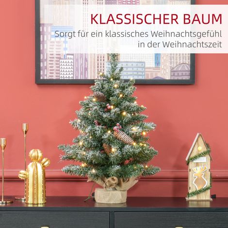 Sapin de Noël lumineux LED 60cm, branches vertes et pommes de pin, baies rouges, socle fourni, blanc