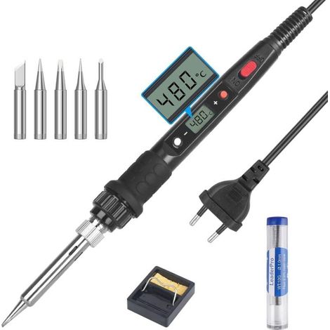 Fer à Souder électrique 80W Kit de Soudure Température Réglable 180℃480℃ Visible avec l'Interrupteur ON/OFF, 5 Pointes de Rechange pour Réparation Soudage Brasage Quotidiens (1/4)