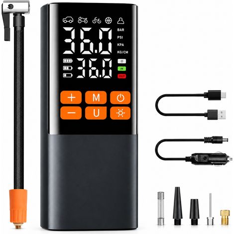 Compresseur d'air portable sans fil voiture, arrêt auto, écran digital, orange (1/5)