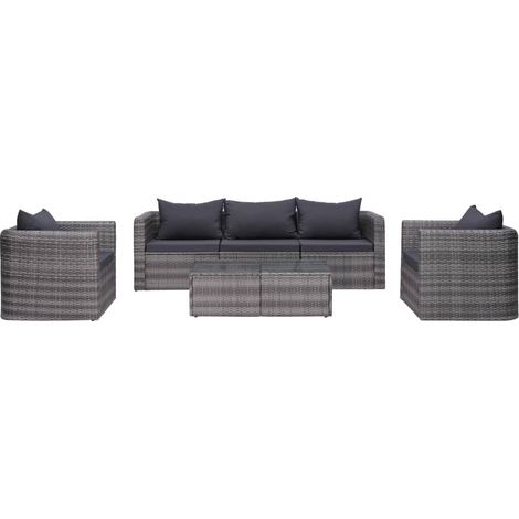 6-tlg. Garten-Sofagarnitur mit Polstern&Kissen Poly Rattan Grau