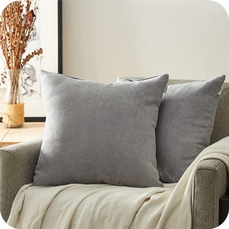 Housse de Coussin 45x45 Decoration Salon Maison Chambre Ado Enfant Bebe Lot de 2 Housses Coussins Canapé Lit Voiture Carrés Gris Double Face Uni en Chenille Doux avec Fermeture Eclair (1/4)