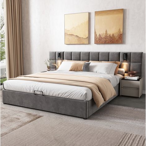 cama matrimonio con almacenaje, lámpara USB gris DESVIAE (1/5)