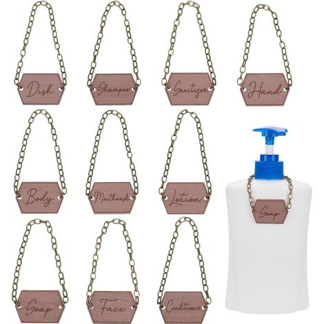 10Pcs Étiquettes Rectangulaires en Bois pour Salle de Bain Décoration de Bouteille Avec Chaîne en Fer Bronze Antique Savon Lotion Shampooing Conditionneur Corps Visage Eau Dentifrice (1/5)