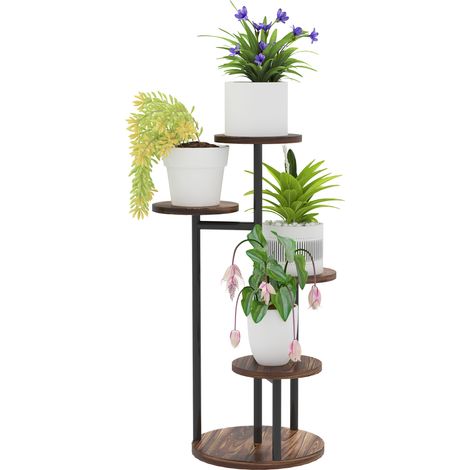 Supporto per piante Irovami a 5 livelli in legno e acciaio con 5 ripiani rotondi. Adatto a vasi da fiori carbonizzati di dimensioni 43 x 43 x 70 cm.