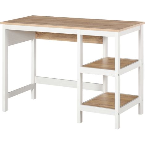 Bureau multimédia 110x48x76 cm chêne clair et blanc avec 2 étagères latérales, parfait pour optimiser votre espace de travail. (1/5)
