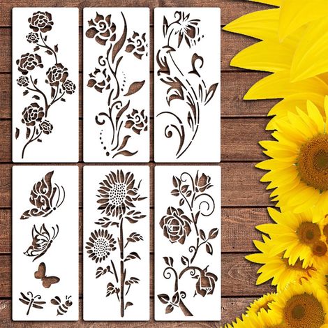 Pochoir Fleurs - Pochoir Réutilisable en ABS pour Peinture sur Bois Mur ou Meuble - 6 Pièces avec Tiges et Feuilles - Dimensions Variées jusqu'à 35,5 x 30,5 cm (1/5)