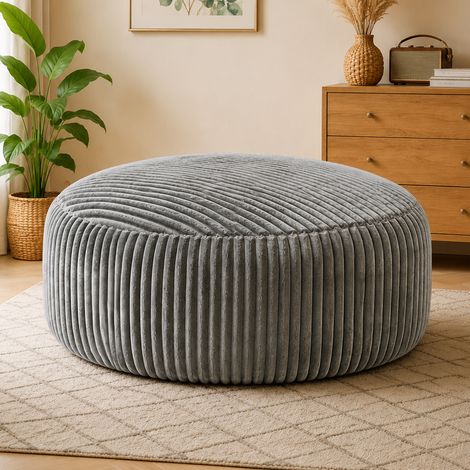 Puff silla redonda de corduroy, relleno de espuma de memoria granular de alta rebote, gris claro (1/5)