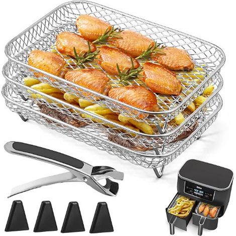Stainless steel accessory set for Ninja AF300 dual air fryer, including fryer rack