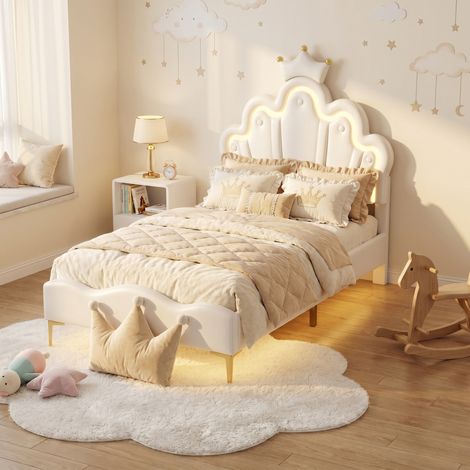 Letto per bambini 90x190 cm, letto singolo con rete a doghe, LED e testiera regolabile, stile principessa nuvola, Bianco