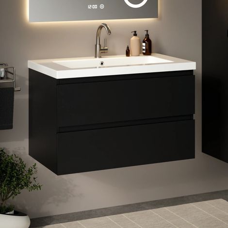 Badezimmermöbel Sova – 80 cm – Mattschwarz – Weißes Waschbecken (1/4)