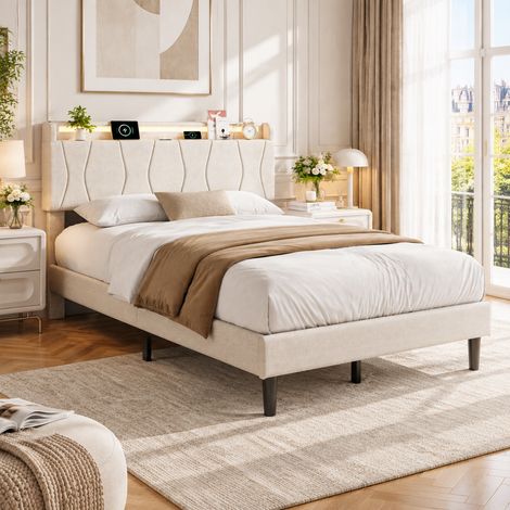 Lit 140x200 avec sommier,Lit 2 places avec LED, 2 USB+1 type c,Cadre de Lits avec Sommier à Lattes et Tête Capitonnée,lin beige (1/5)