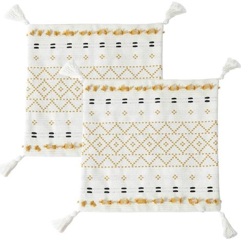 Lot de 2 housses de coussin bohème en coton/polyester avec franges – 45x45 cm, jaune citron, décoratives pour canapé ou chambre, sans rembourrage