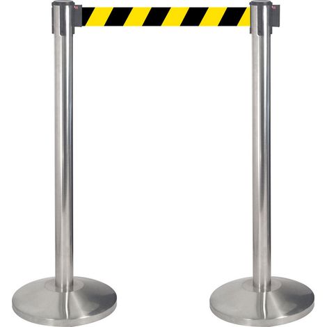 2 Colonnine Tendinastro 3 metri in Acciaio Inox Spazzolato Ø36x101 cm Nastro Giallo/Nero (1/5)