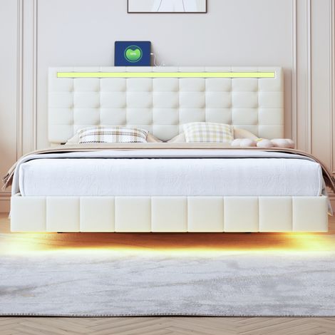Superaly Lit flottant capitonné 160x200cm, Éclairage LED télécommandé, Port USB, Sommier à lattes, Hauteur de tête de lit réglable, Lit double convenant aux adolescents et aux adultes, Lin, Beige (1/5)