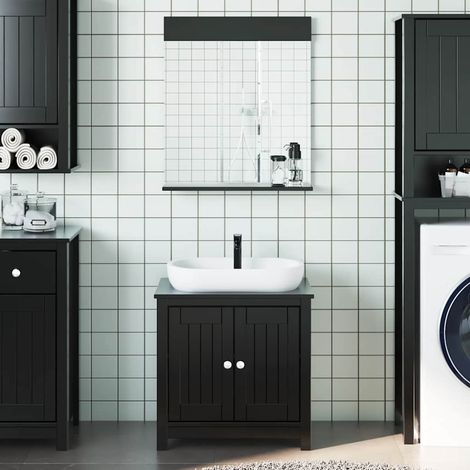 Ensemble meuble de salle de bain 2 pièces avec miroir et rangement, noir en pin massif - PANGIVO (1/5)