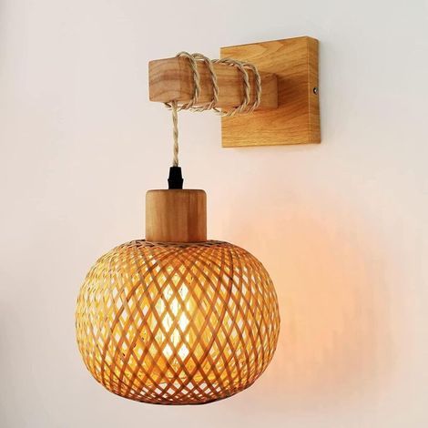 AMXCNOY Applique murale intérieure vintage en bois et métal, applique rétro avec douille E27 et abat-jour en rotin, idéale pour salon ou chambre (sans ampoule) (1/5)