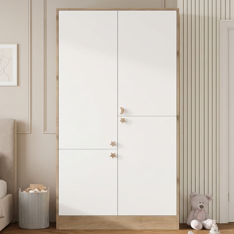 Armoire penderie 100x50x180cm, 4 portes, 3 tringles à vêtements, poignées étoile et lune en bois massif, rangement enfant, blanc et effet bois clair (1/5)