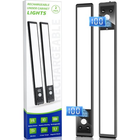 Unterbauleuchte mit Digitalanzeige, 66 wiederaufladbare LEDs mit Bewegungssensor für den Innenbereich, 3 Farbtemperaturen, dimmbare magnetische Beleuchtung, 2er-Pack
