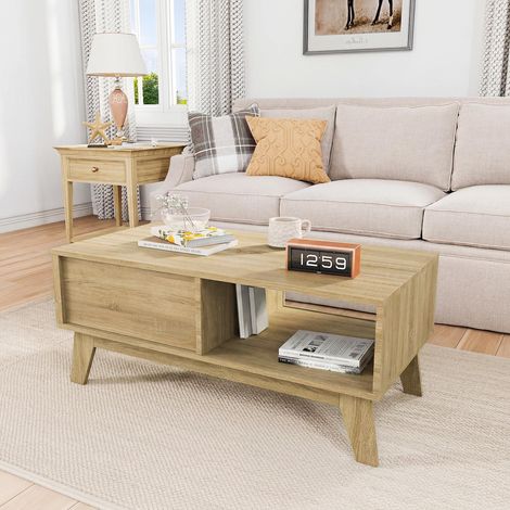 Table basse, 95x48x41cm, table de salon de café avec porte coulissante à lattes et double rangement, meuble TV bas scandinave japandi en bois, Naturel (1/5)