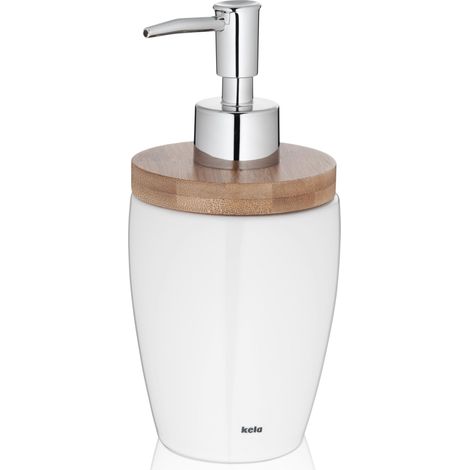 Distributeur de savon 350 ml NATURA, distributeur de savon blanc céramique, couvercle en bambou, flacon pompe, distributeur de liquide vaisselle (1/5)