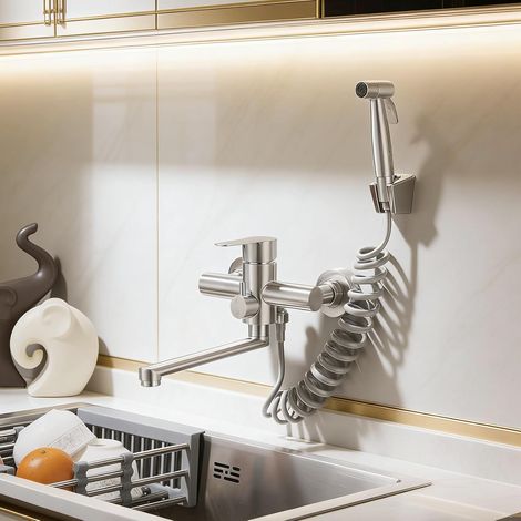 Wall-Mounted Kitchen Faucet, Wall-Mounted Kitchen Mixer Tap with Gun, 360° Swivel Mixer Tap, 22 cm Rotatable Tube, Brushed (1/5)