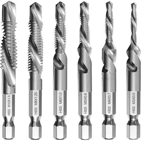 Lot de 6 Forets Taraudeurs Combinés M3 M4 M5 M6 M8 M10 avec Tige Hexagonale 6 mm, Kit Taraudage, Taraud Machine, Revêtement Antirouille, pour Perçage et Taraudage Simultané, Outils Multifonction