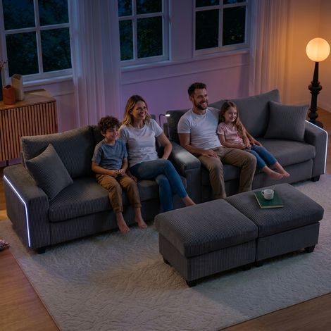 Canapé d'angle en velours côtelé gris, forme U, 2 poufs inclus, lampe de lecture, étagère rabattable, porte-verre, ports USB/Type-C, accoudoirs lumineux LED, dimensions 334 x 128,5 x 81 cm (1/5)