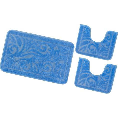 Tapis de Bain Lot de 3 Pièces Moderne Doux Antidérapant Tapis de Douche Lavable Baroque Damassé - Bleu Ciel