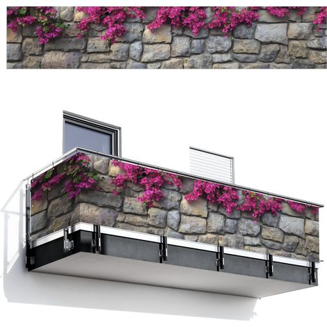PANTALLA DE PRIVACIDAD PARA BALCÓN Bougainvillea - Muro de Piedra - Rosa 500x100