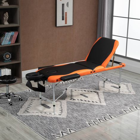 Table de massage pliante à hauteur ajustable - 215x81x61-84 cm - de massage professionnelle en aluminium et plastique - noire et orange (1/4)