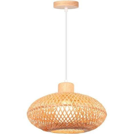 Lustre Suspension Vintage,Lampe de Plafond Industriel Abat-jour en Bambou Design Cage Ovale E27 Luminaire Style Bohème,30cm (1/5)