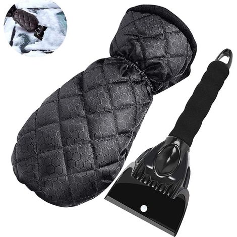 Raschietto per ghiaccio con guanto integrato, raschietto per neve con fodera impermeabile, per sbrinare parabrezza e finestrini dell'auto, nero, L